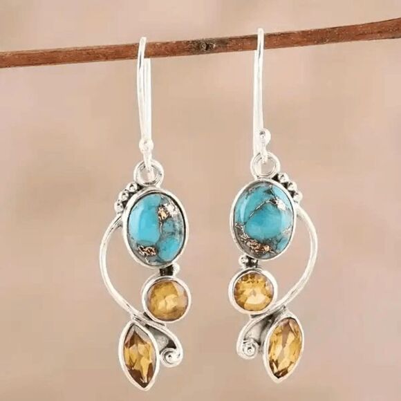 Turquoise Citrine Silver Plated Geometric Dangle Earrings - Picture 1 of 6